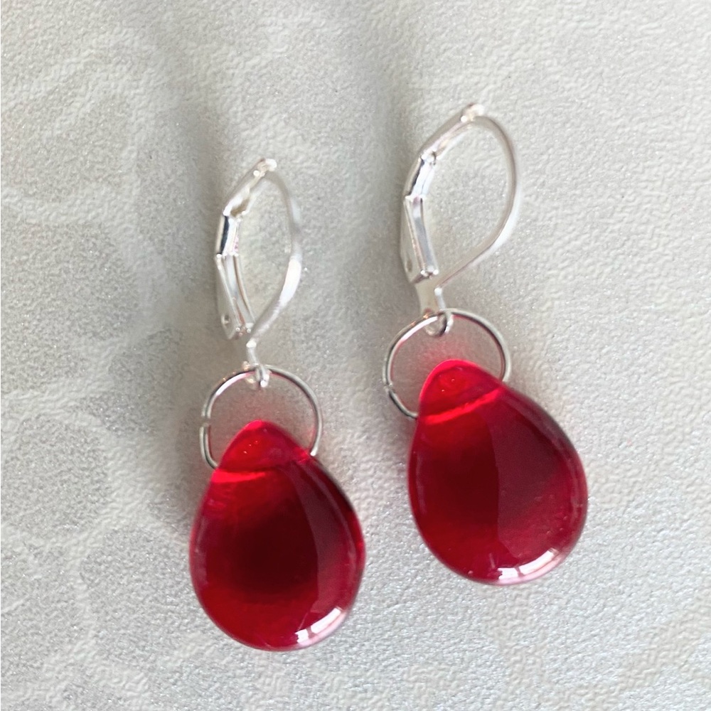 Hand Crafted Red Czech Glass Teardrop Dangle Stainless Steel Earrings